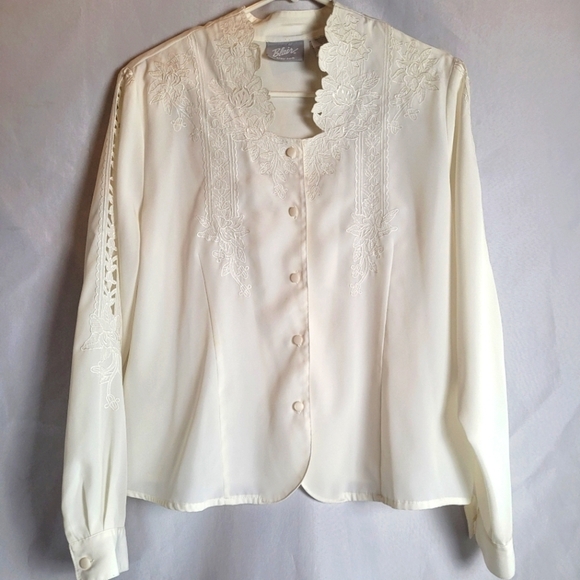 VTG 90's Blair Cream Embroidered High Neck Blouse Cut Out Long Sleeve Size L - Picture 1 of 8